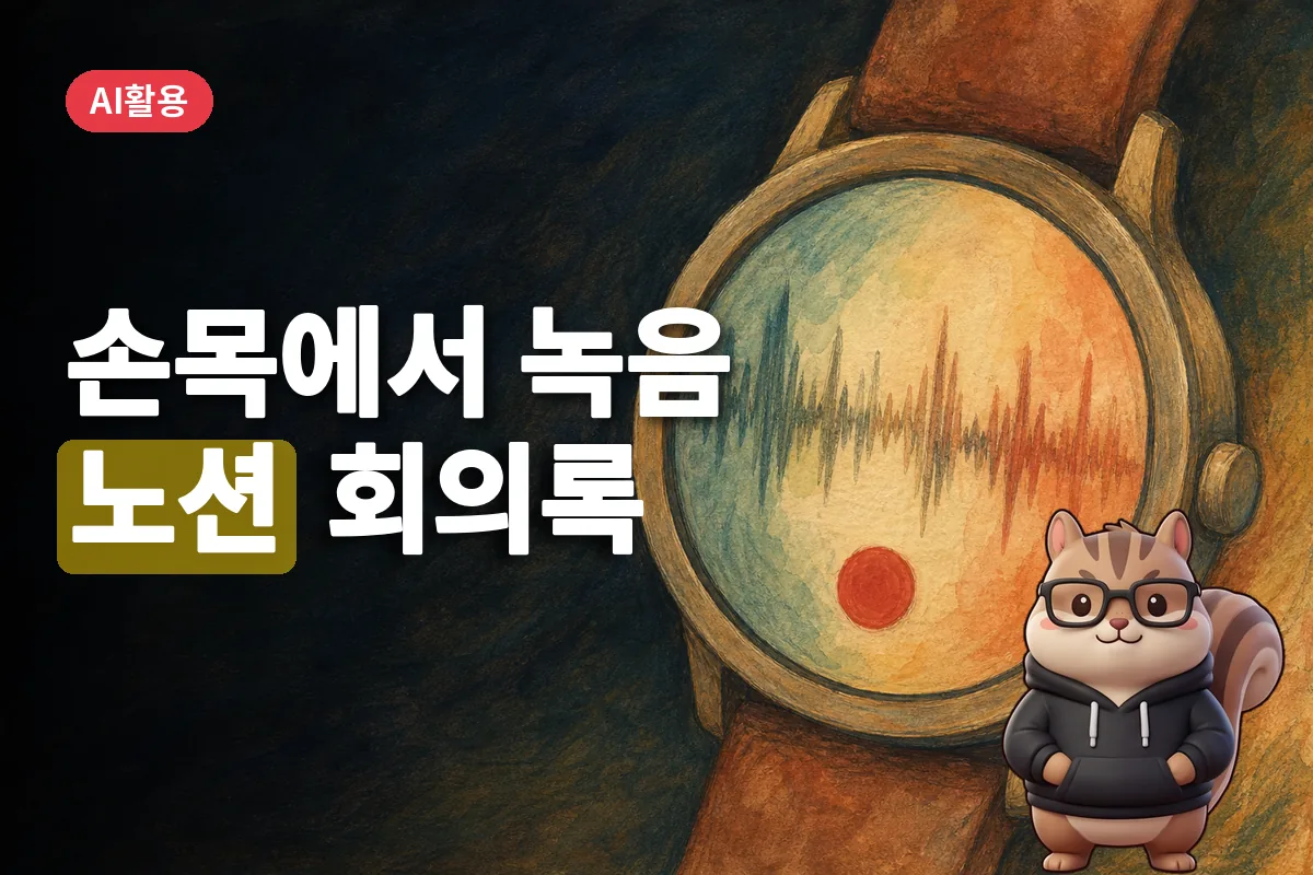 오른쪽에 놓인 스마트워치 화면에 추상적인 음성 파형이 보이는 이미지