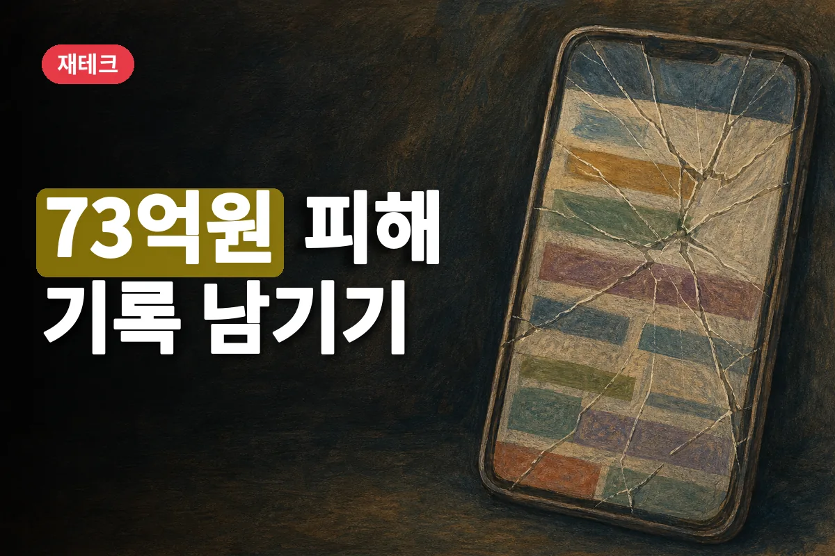 오른쪽에 배치된 금이 간 스마트폰 화면이 증권사 전산장애를 상징하는 이미지