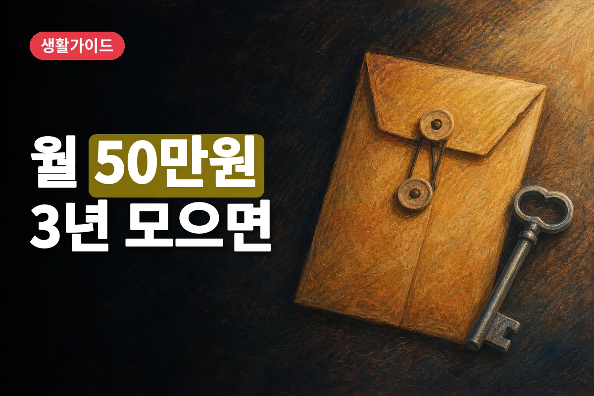 오른쪽에 놓인 봉인된 적금 서류 봉투와 은색 열쇠
