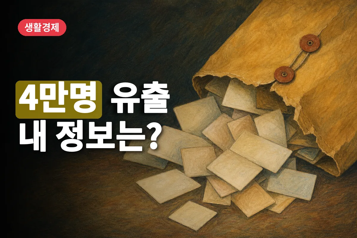 오른쪽에 찢어진 금융 봉투와 흩어진 빈 신분증 카드가 놓인 이미지