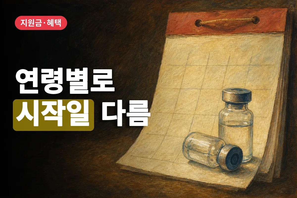 오른쪽 달력 위에 독감과 코로나19 예방접종을 상징하는 백신 병 두 개가 놓인 모습