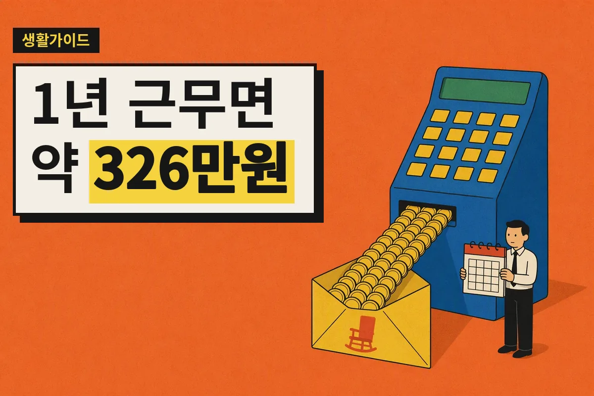 달력과 계산기, 퇴직금 봉투를 들고 있는 작은 인물을 표현한 그림
