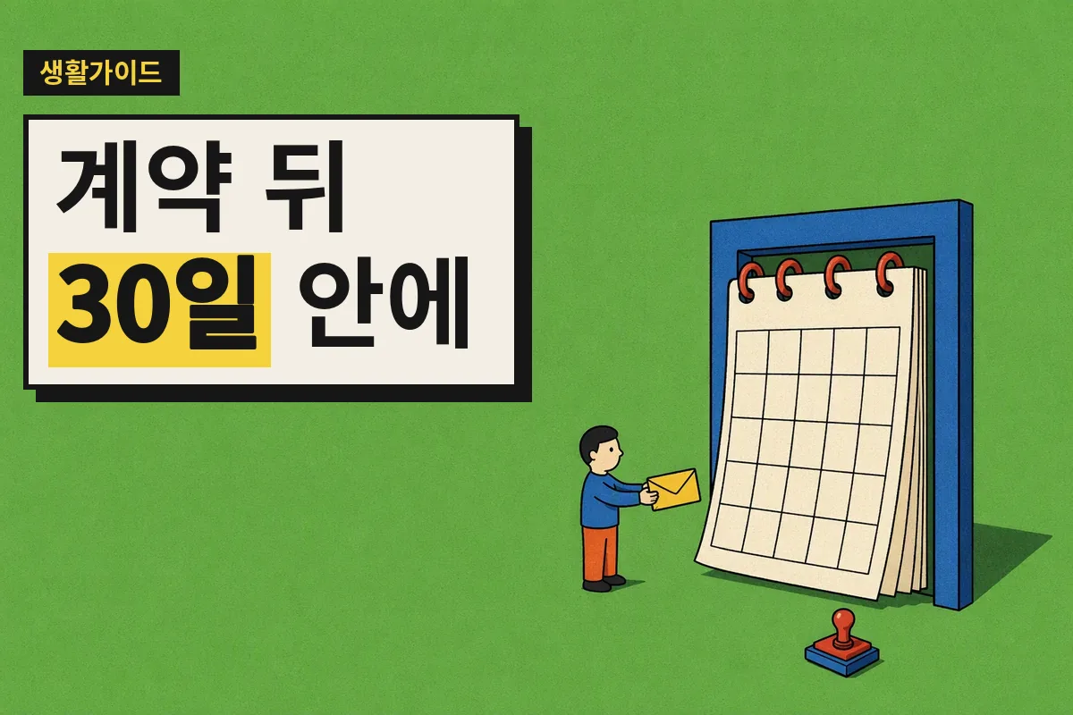 달력 문으로 바뀐 주민센터 앞에서 계약 서류 봉투를 내미는 임차인