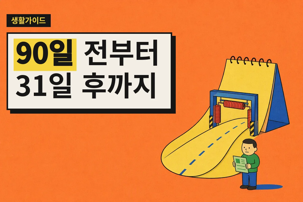 자동차등록증을 든 사람이 달력 종이 길을 따라 검사소로 향하는 장면